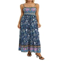 Жени летни хлъзгави рокля, винтидж спагети каишки Цветна печат люлка дълга рокля с колан