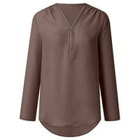 Блузи за жени V-образно отпечатани половин цип ежедневни дами тениски лакът-дължина на лятото кафе S