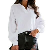 Дамски върхове облечени ежедневни жени дълги ръкави жени ежедневни модни пуловер с дълъг ръкав v-образни блузи соли тениска бяла m