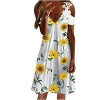 Рокли за продажба на клирънс за жени с къс ръкав печат дантелена рокля v-образно студено рамо флорален ръб мини без гръм
