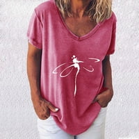 USMIXI Женски ризи V-образен стърк с къс ръкав от печат Лятна сладка върхове Модни свободни леки удобни пуловер Блузи Горещ розов XXL Просверие под $ 5