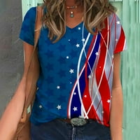 Дамски 4 юли върхове Деня на независимостта Популярен американски флаг Отпечатана тениска с тениска с v-образен шкаф с къс ръкав лято свободно прилепване на тийнейджъри блузи сини l