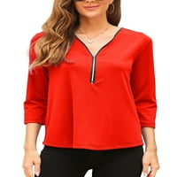 Дамски върхове с дълъг ръкав цип тениски v шия ежедневно есенно пуловер блузи