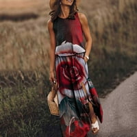 Просвета летни рокли за жени без ръкави на глезена Небрежно A-Line Printed Scoop Neck Beach Dress Red L
