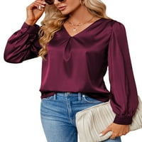Glonme дамски сатен блузи солиден цвят блуза V вратни ризи жени рохкава туника риза елегантни върхове с дълъг ръкав вино червено xl