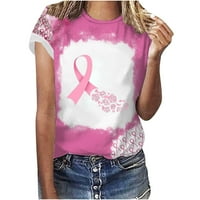 Намален розов плот за рак на гърдата за жени розова панделка случаен кръгла шия печат блуза с къси ръкави тениска летни върхове, розово