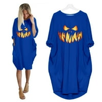 Хелоуин женски върхове Хелоуми за печат с дълъг ръкав туника рокли джобове плюс размер тениска рокля син 4x
