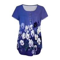 Boho върхове за жени Fashion V-Neck Floral Printed Tunic Tops Buttons Тениска с тениска с къси ръкави на хлабина