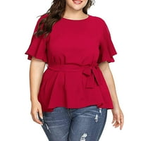 Женски върхове Голями тениски ризи за жени с твърди размери върхове плюс ръкав къси възел Belted Bomen's Blouse плюс размер на върхове за жени Red 3xl