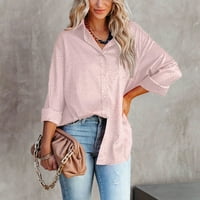 Отстъпка за жени модна каменна ивица блуза риза с дълъг ръкав небрежен бутон надолу с яка с яка на яка свободни плътни цветни върхове за гамаши розови xxl