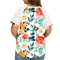 Женски плюс размер свободен удобен най -висок клирънс дантела пачуърк с къси ръкави върхове летни флорални отпечатани тениски v ризи за врата Небрежна туника модер