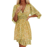 Tking Fashion Women's Summer ежедневно елегантна флорална опаковка рокля V вратна ръкав в ръкав мини плажна рокля жълта 3xl