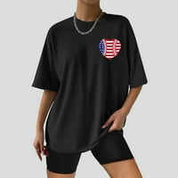 Usmixi Womens Tops Лятна къса ръкав Кръгла врата Сърдечна печат тениски за тениски на 4 юли Независимост Графика на големи размери пуловер блузи черен клирънс под 5 долара