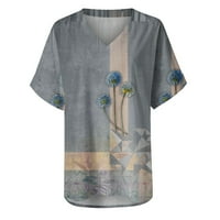 Пеперуда флорална тениска за тениска за жени, големи ежедневни небрежни годни туника блуза летни модерни върхове с къс ръкав v Врат тениски сиви s