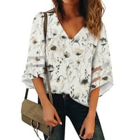 Блузи за жени ежедневни V мрежести панели блуза флорална щампа звънна лятна горна риза khaki s