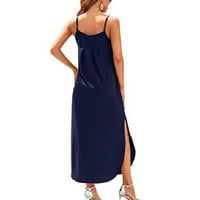 Дамски солиден цвят v Врат регулируема прашка спагети каишка разделен дизайн рокля женска ежедневна рокля тъмно синьо s