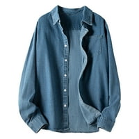 Puntoco плюс размер на палто клирънс Мъжки дънкови бутон Плътният цвят дълъг ръкав яке от дънково палто блуза светло синьо 8