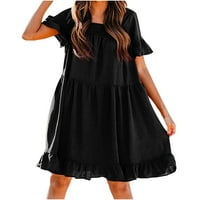 Летни рокли Женски квадратна яка с къси ръкави за шевове гънки Причинени къси рокли Black L