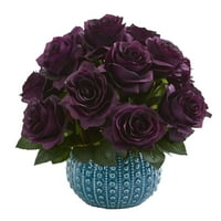 Почти Естествена 11. ФТ. ФТ. Розова изкуствена аранжировка в синя керамична ваза