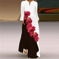 Пролетни рокли за жени, плевели гост женски ретро стил мода, отпечатана с дълъг ръкав свободен v врат дълга рокля Официално печат с дълъг ръкав Голяма смяна Хем дълг