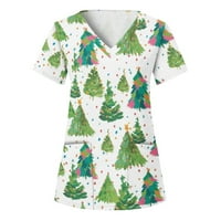 Bazyrey Womens Blouse Women's Christmas Printing с къси ръкави V-образни върхове работни джобни блуза бяла s