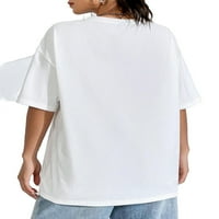 Бели тениски с дължина на лакътя с дължина на лакътя с кръгла шия на жените л