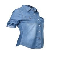 Eyicmarn жени ретро сини дънкови ризи регулируем дълъг ръкав с еднократно яке от блуза от блуза