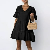 Ханас облича женски моден ежедневен къс ръкав Ruffle Solid Color V-Neck Loose рокля черна xxl