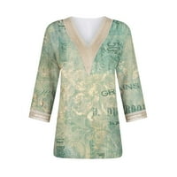 Блузи за ръкави за жени печат графичен дантелен пачуърк плюс размер основни върхове пуловер, мента зелено xl