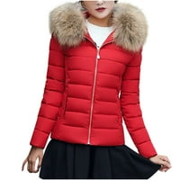 Дамски зимни палта, цип дълъг ръкав с фау козина с качулка небрежно тънка пухка с джоб червено