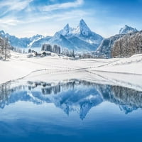 Зимни Алпи на чудесата, отразяващи в планинското езеро Фото Арт печат хладно огромен голям гигантски плакат изкуство 154х36