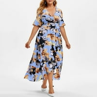 Mikilon Womens Ression Clearance Женски плюс размер небрежен бохо печат с къс ръкав Ruffle Floral Trangular Ress