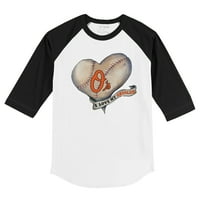 Младежки мъничко бяло черно Балтимор Orioles Heart Banner 3 4-ръкав тениска Raglan