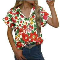 Женски плюс размер флорален копче за ревера надолу v Врат тениски с къс ръкав блузи, женски огромни суичъри