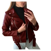 HGW палта за жени плюс размер жените готино кожено яке с дълъг ръкав с цип, монтиран палто есен късо яке
