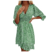 Guvpev Женски ежедневен моден моден къс ръкав v шик шифон флорална пластмасова рокля на талията - зелена s