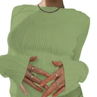 Ризи за жени тънък реколта с дълъг ръкав Crewneck монтирана плетена подрязана тениска за ретро улично облекло