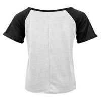 Grianlook жени летни върхове v тениска на шията с къс ръкав Небрежна тениска Цвят Блок Дами свободен пачуърк тормозен бутон надолу бял m