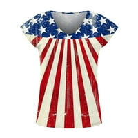 Дамски 4 юли върхове Деня на независимостта Популярен американски флаг отпечатана тениска с късо ръкав с v-образно деколте отпечатано лято свободно монтаж на тийнейджъри блузи червени s