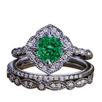 2. Карат кръгла тъмна лаборатория създаде зелено изумрудено сватбено трио пръстен, поставен в 18K черно злато над сребро