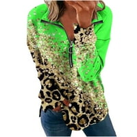 Дамски леопардов цветен блок суичъри свободни горни върхове цип нагоре v Врат дълъг ръкав пуловер елегантен джъмпер дами суичър Зелен XL