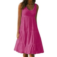 Летни рокли за жени без ръкави със средна дължина кръгло деколте слънчева рокля солидна розова s