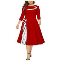 Женска модна ретро дълъг ръкав кръгла шия солиден цвят точкови рокля за люлеене на талията