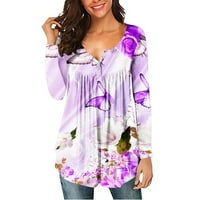 Флорални върхове Дамски отпечатани плисирани разхлабени тениска с дълъг ръкав блуза бутон Хенли риза Небрежна туника върхове
