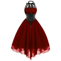 Lastesso Women's Gothic Style Dress Lace Packwork Шифон миди рокля с висока талия облъчване дантела с рокля без ръкави рокли