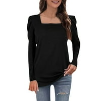 Жени квадратни тениски за шия с дълъг ръкав Моден бутер ръкав отгоре плътно цвят пуловер свободен ежедневна тениска