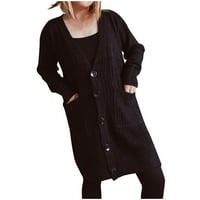 Hfyihgf жени Зимен пуловер Кардиган с дълъг ръкав отворен фронт бутон надолу с копче за трикотаж с джобове черно m