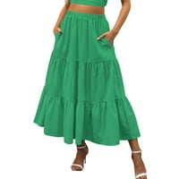 zhizaihu a line пола жени лятна бохо еластична талия плисирана линия рокля с пола с пола с дълъг плаж с джобове бохо пола зелена xl