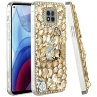 За Motorola Moto G Play Bling Crystal 3D Full Diamonds Луксозен искрящ хибриден защитен капак на Rhinestone Hybrid, XPM Телефон калъф [Gold Swan Crown Pearl]