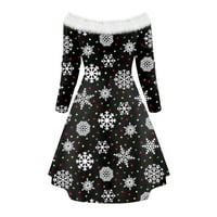 Манксиву рокли жени реколта случайни сняг печат дълъг ръкав Коледа разстояние рамото хлабав превръзка рокля рокли за жени Черно